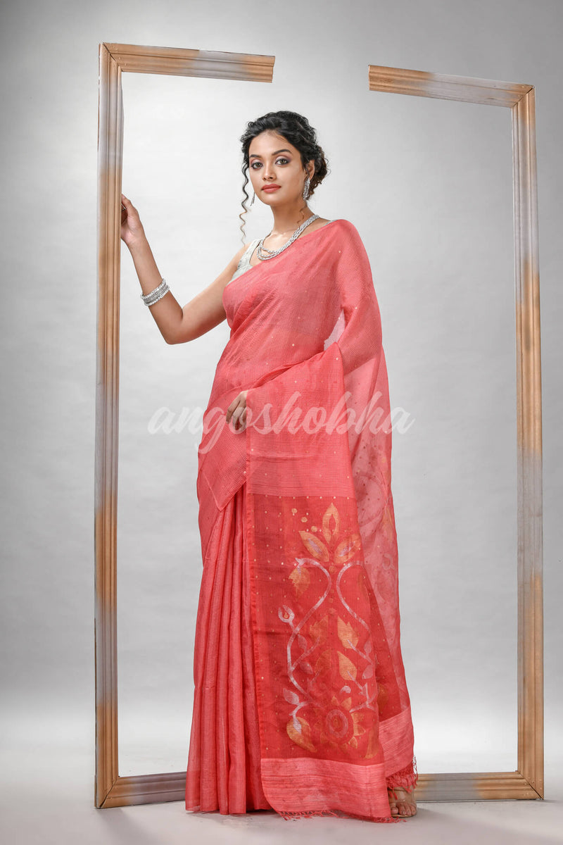 Traditional Peach Orange Matka Silk Sequin Soft Jamdani Saree