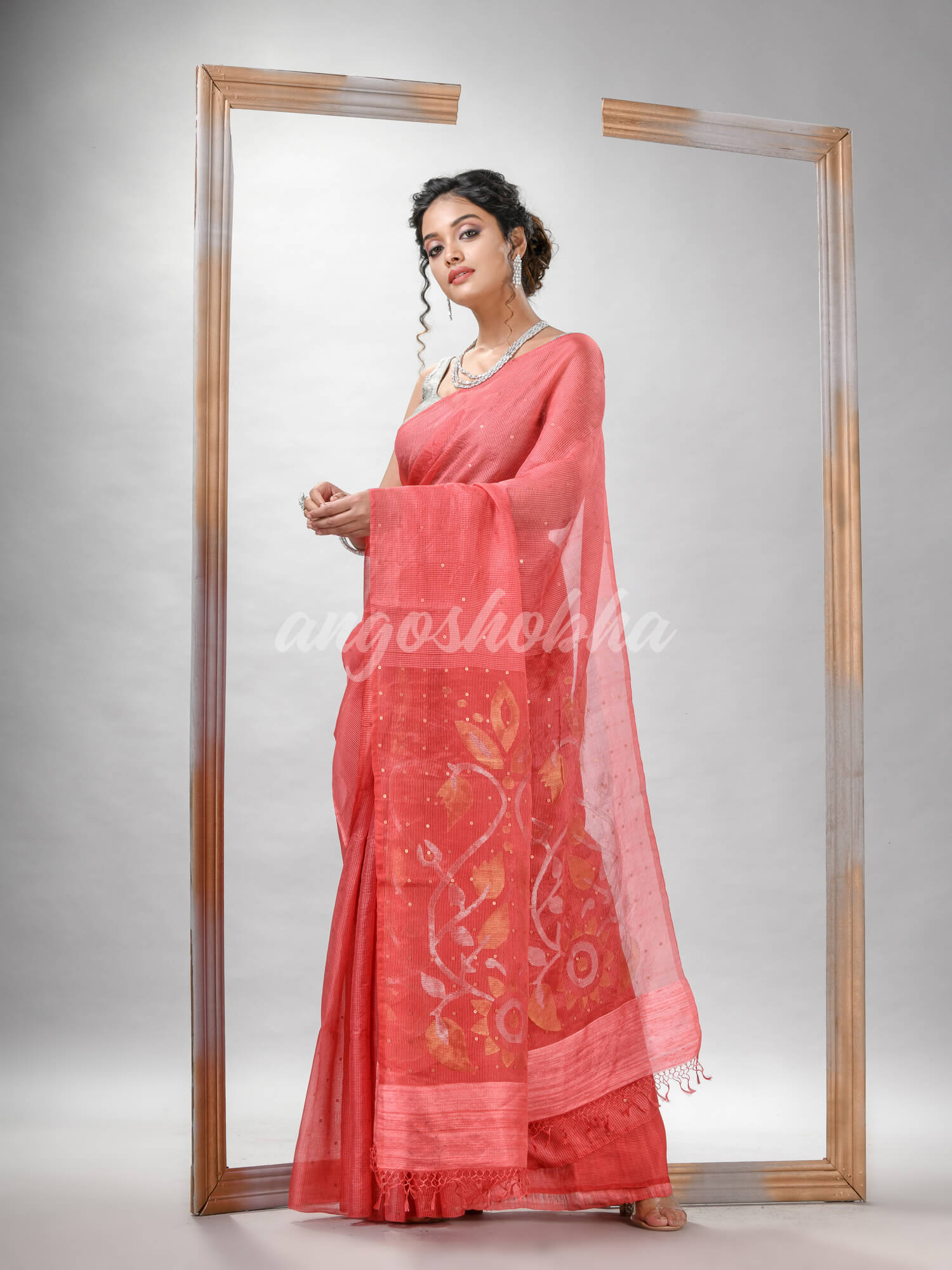 Traditional Peach Orange Matka Silk Sequin Soft Jamdani Saree