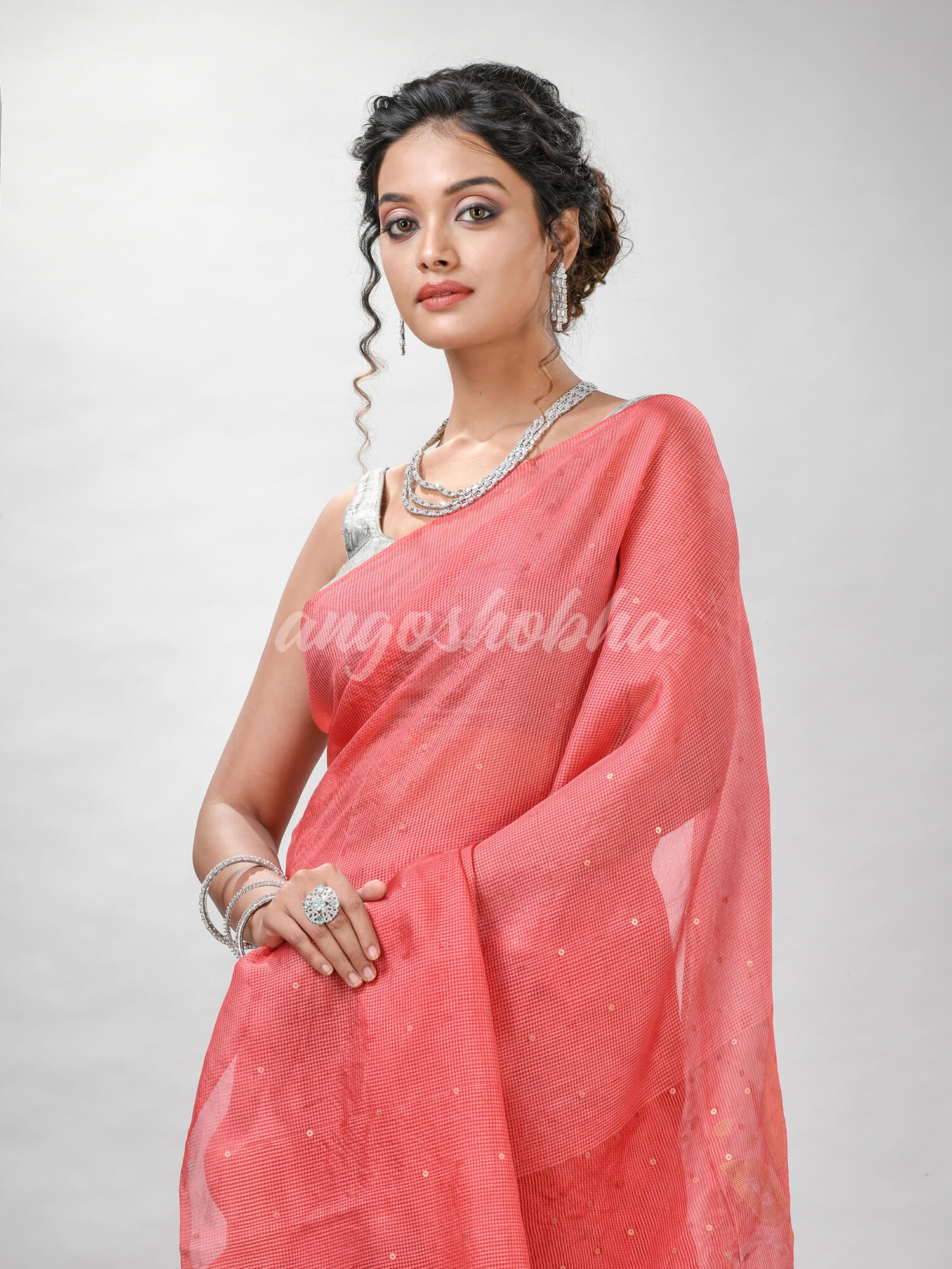 Traditional Peach Orange Matka Silk Sequin Soft Jamdani Saree