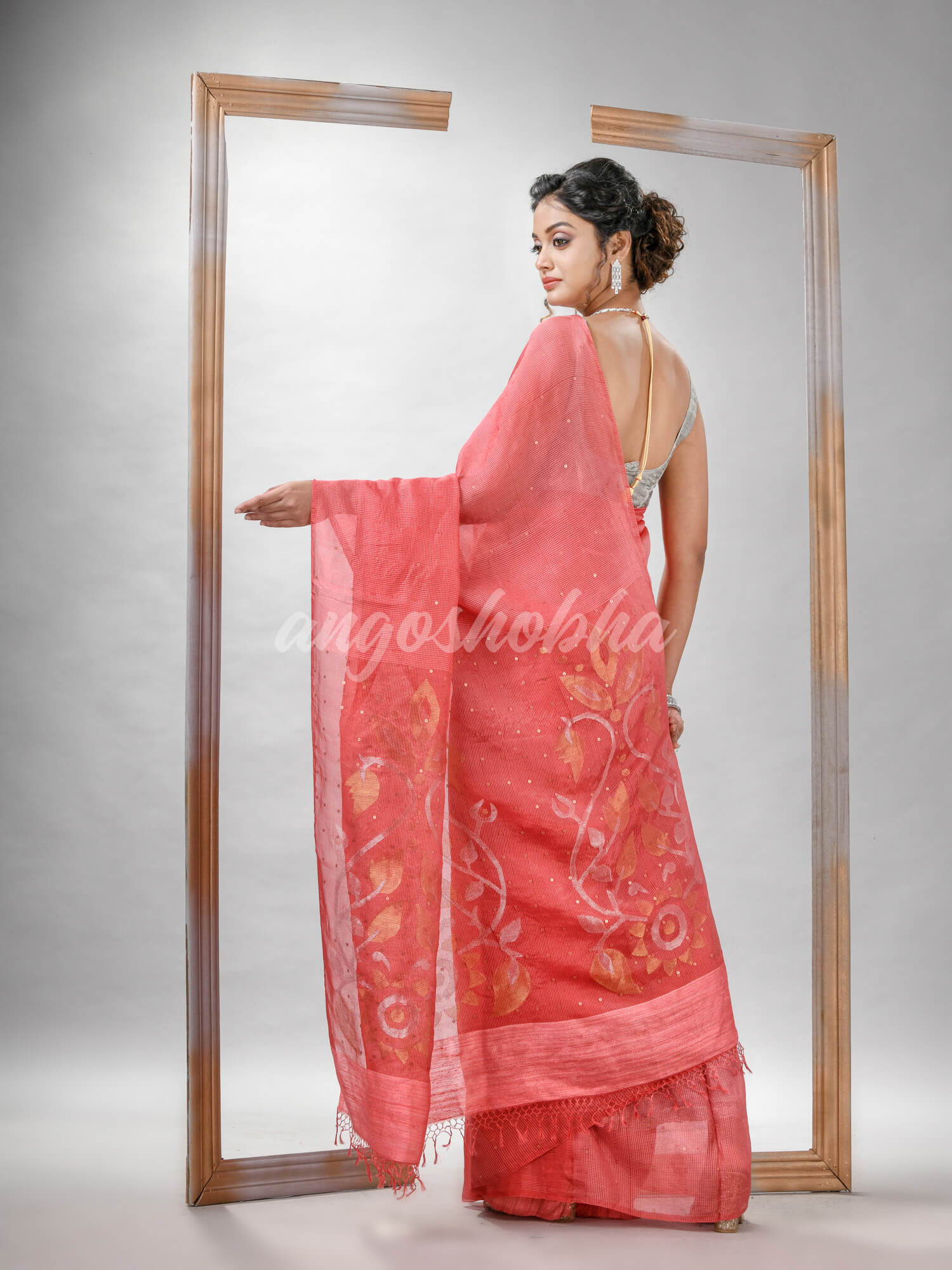 Traditional Peach Orange Matka Silk Sequin Soft Jamdani Saree