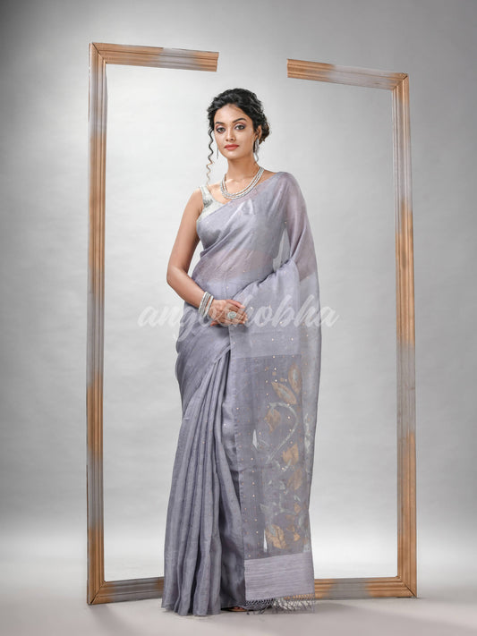 Traditional Silver Matka Silk Sequin Soft Jamdani Saree