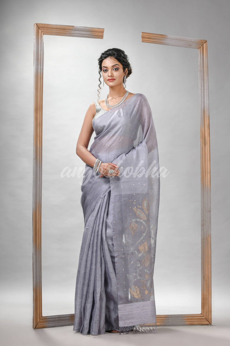 Traditional Silver Matka Silk Sequin Soft Jamdani Saree