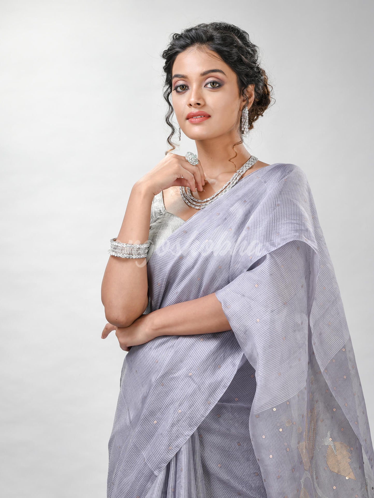 Traditional Silver Matka Silk Sequin Soft Jamdani Saree