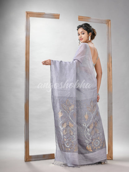 Traditional Silver Matka Silk Sequin Soft Jamdani Saree