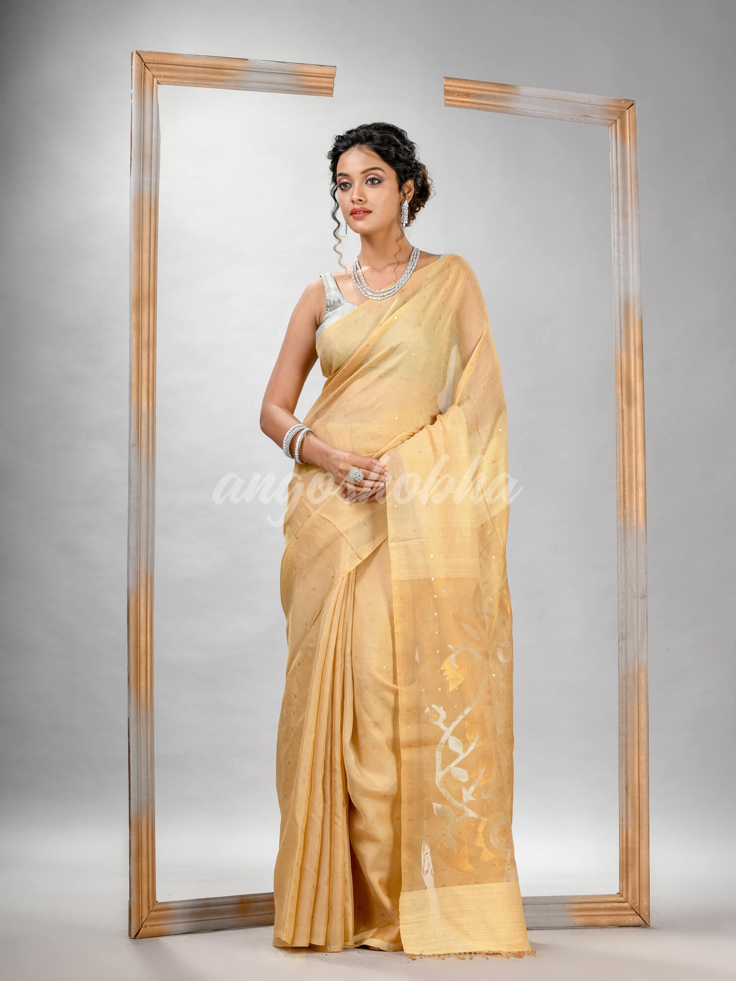 Traditional Light Yellow Matka Silk Sequin Soft Jamdani Saree