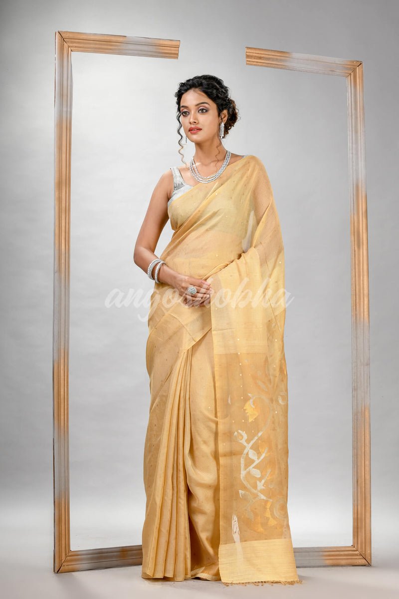 Traditional Light Yellow Matka Silk Sequin Soft Jamdani Saree