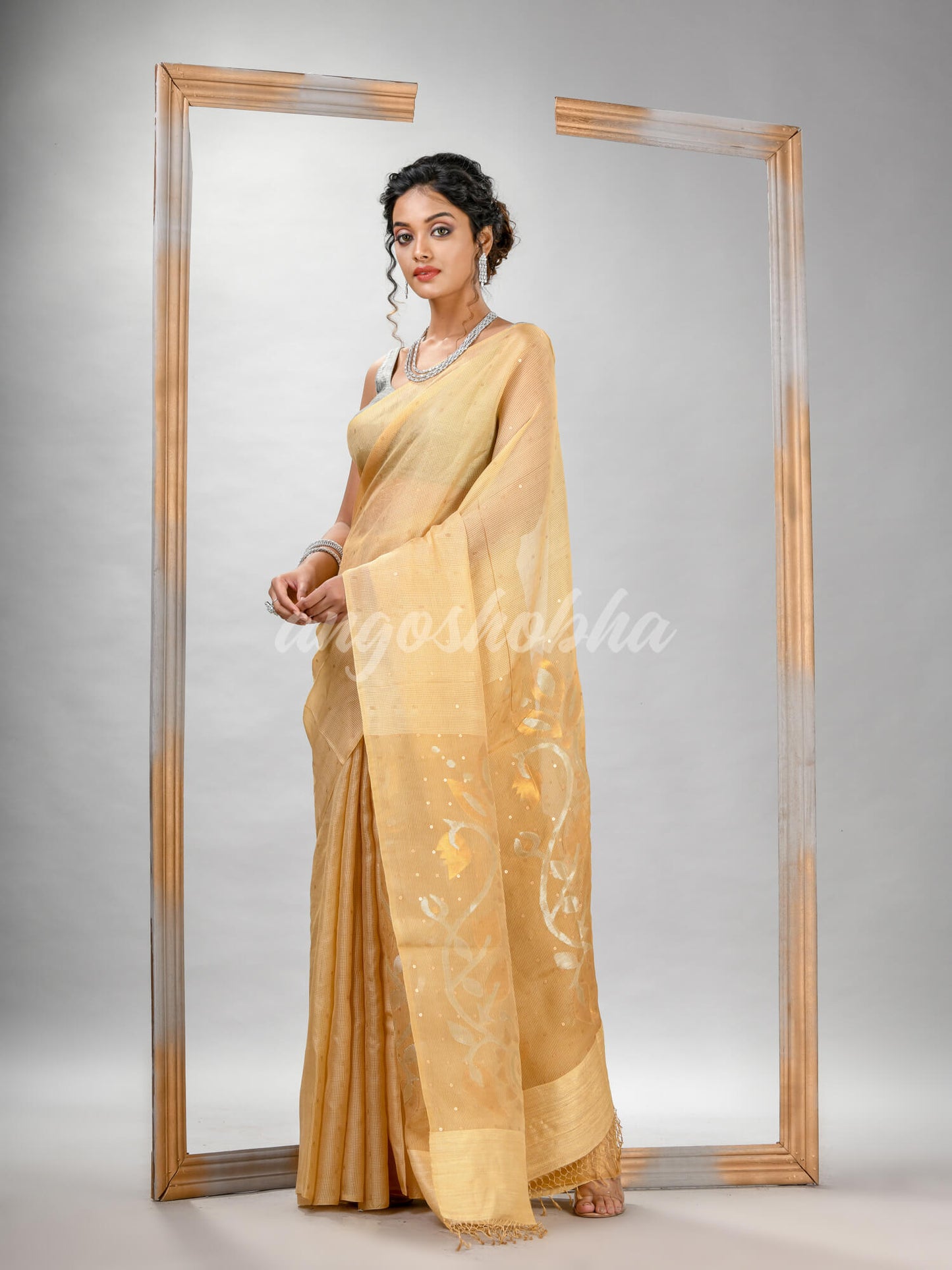 Traditional Light Yellow Matka Silk Sequin Soft Jamdani Saree