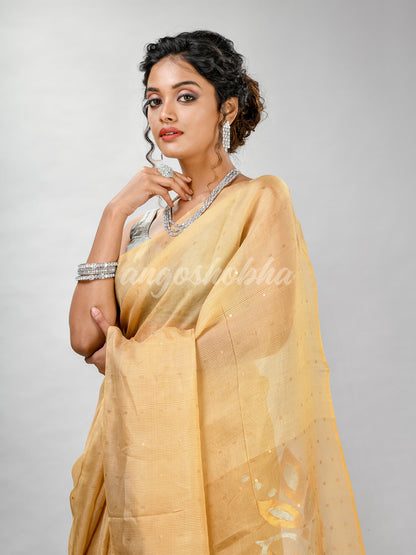 Traditional Light Yellow Matka Silk Sequin Soft Jamdani Saree