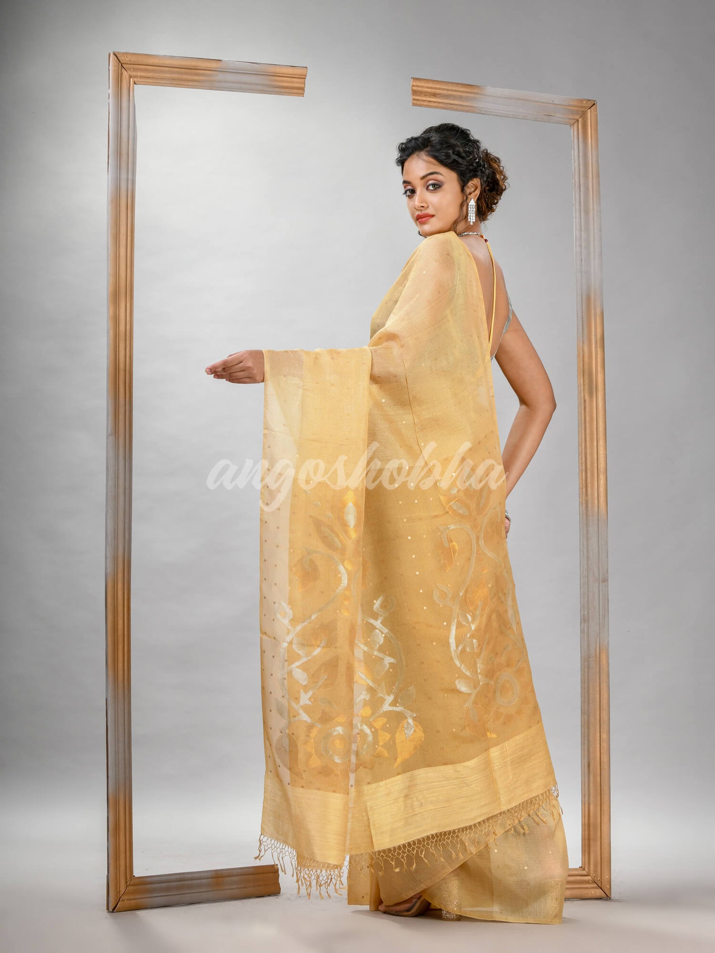 Traditional Light Yellow Matka Silk Sequin Soft Jamdani Saree