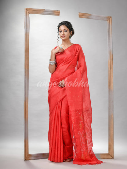 Traditional Red Matka Silk Sequin Soft Jamdani Saree