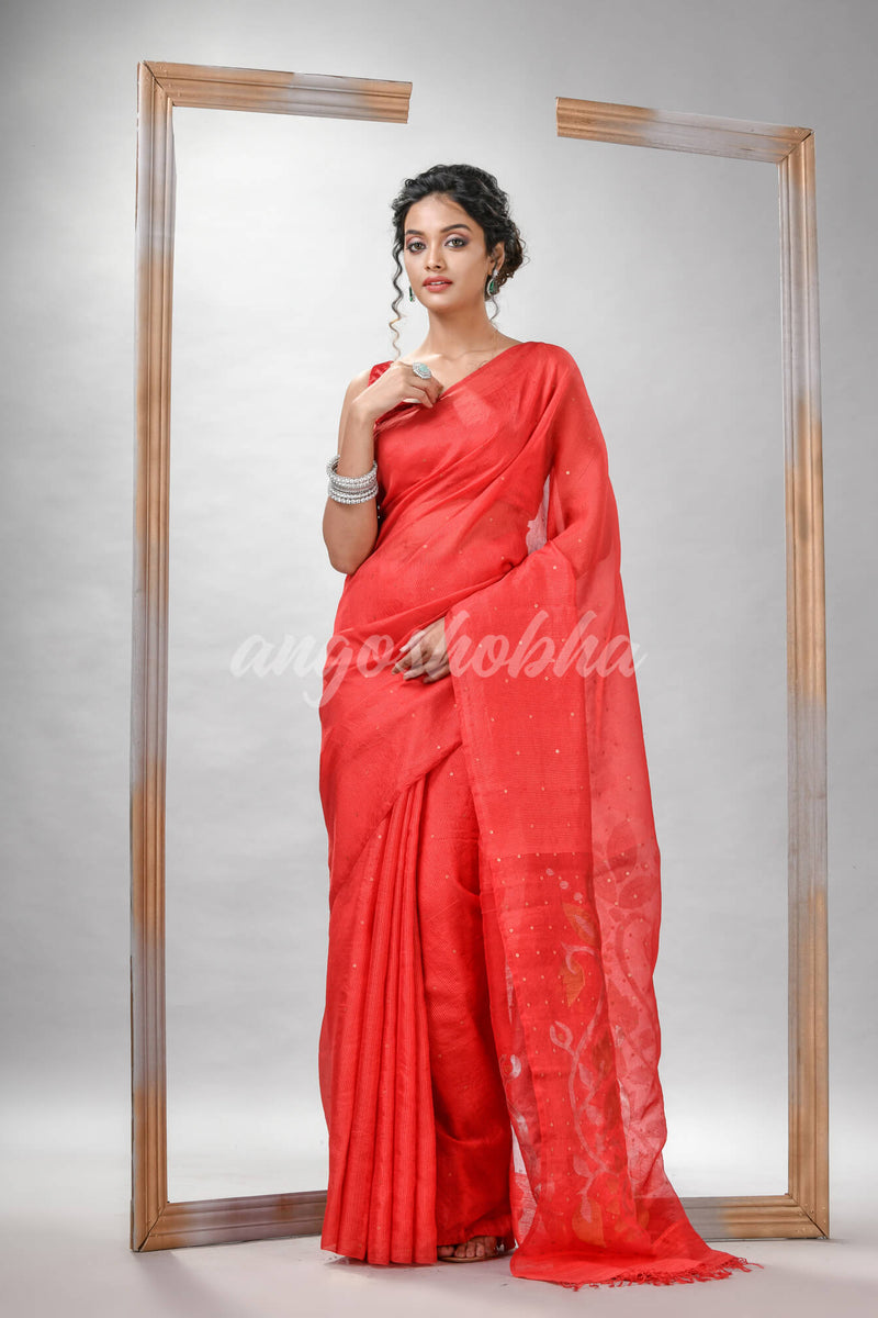 Traditional Red Matka Silk Sequin Soft Jamdani Saree