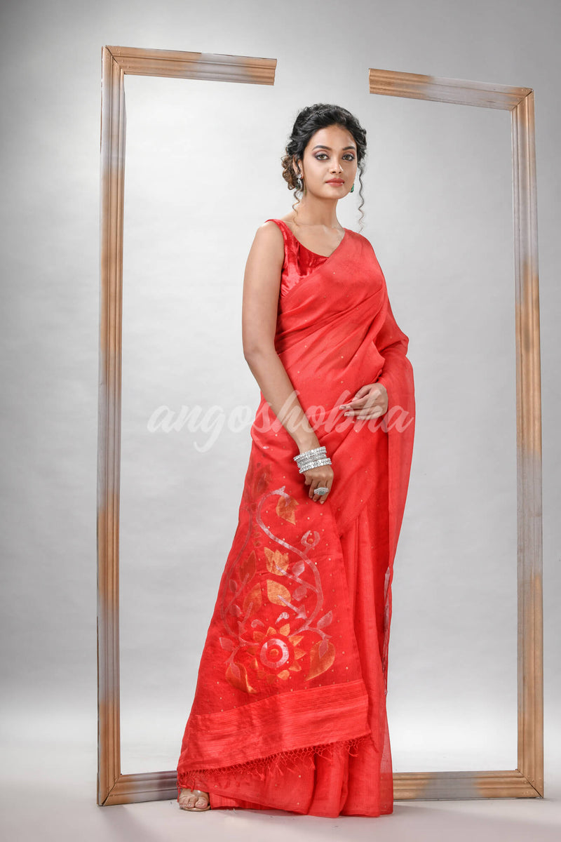 Traditional Red Matka Silk Sequin Soft Jamdani Saree