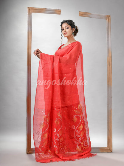 Traditional Red Matka Silk Sequin Soft Jamdani Saree