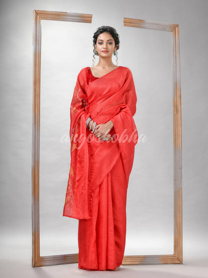 Traditional Red Matka Silk Sequin Soft Jamdani Saree