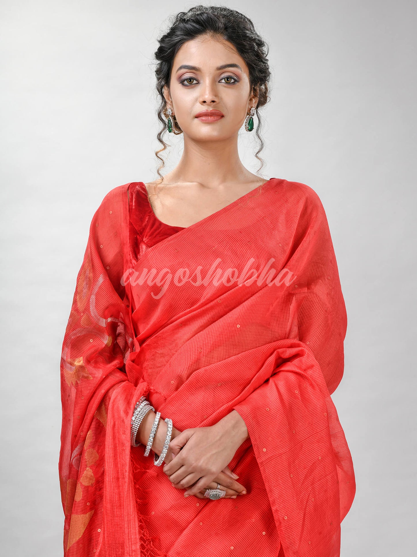 Traditional Red Matka Silk Sequin Soft Jamdani Saree