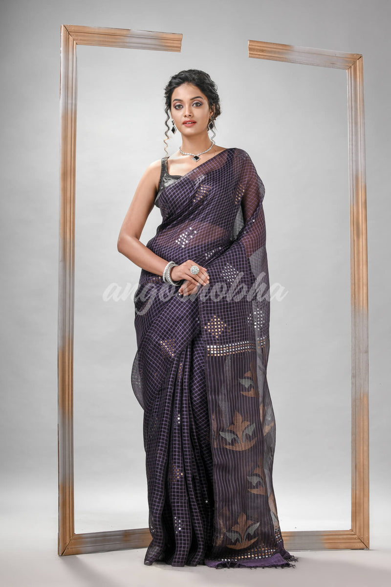 Traditional Rima Blue Matka Silk Sequin Soft Jamdani Saree