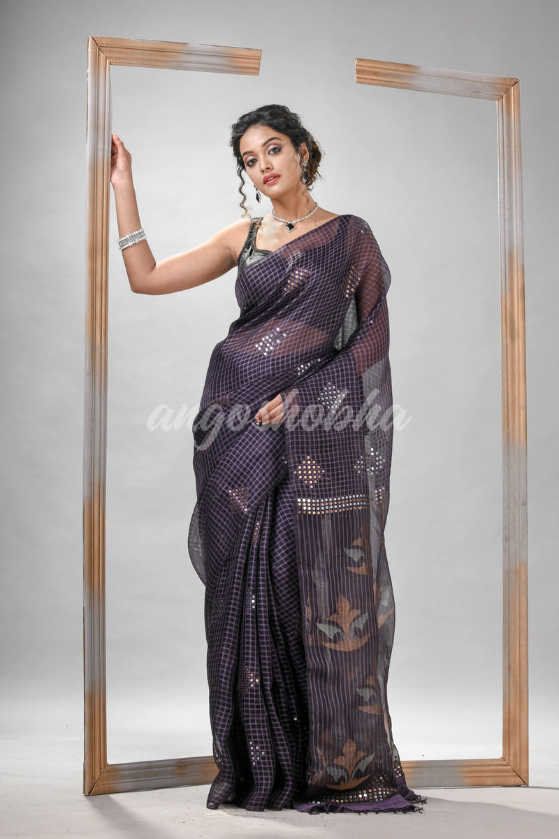 Traditional Rima Blue Matka Silk Sequin Soft Jamdani Saree