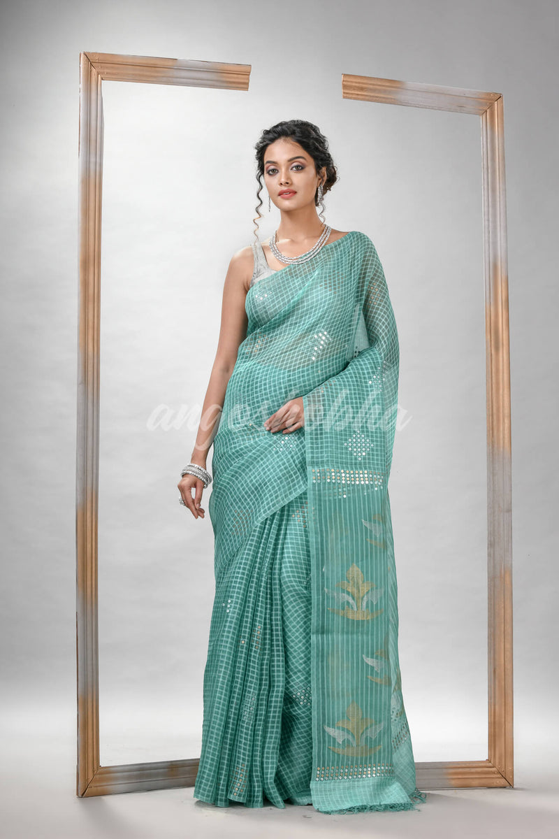 Traditional Alice Blue Matka Silk Sequin Soft Jamdani Saree