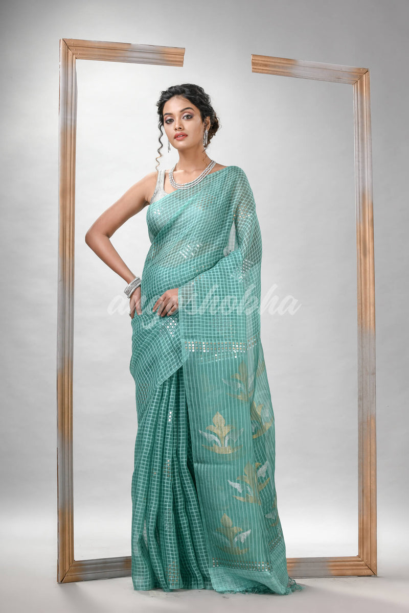 Traditional Alice Blue Matka Silk Sequin Soft Jamdani Saree