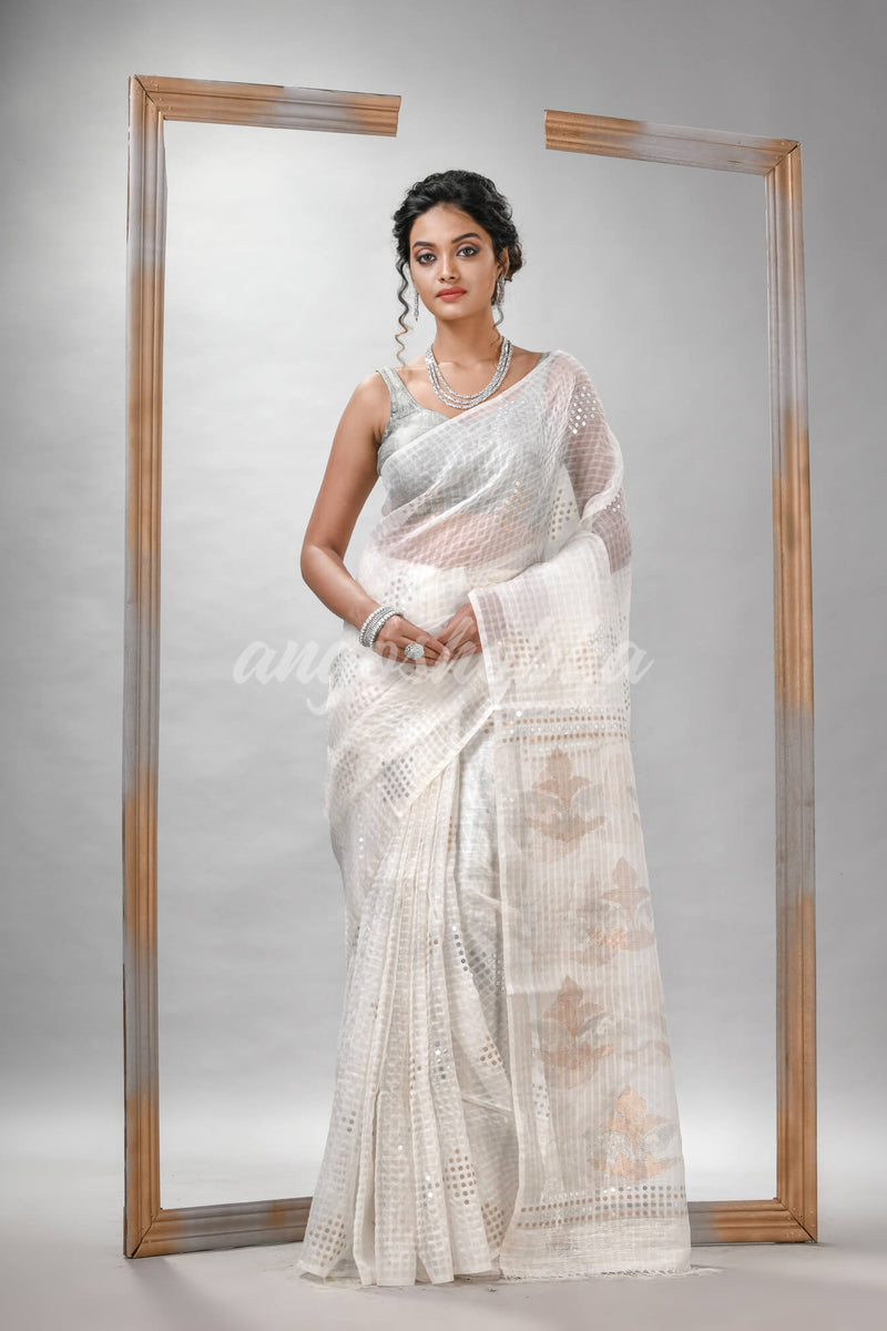 Traditional White Matka Silk Sequin Soft Jamdani Saree