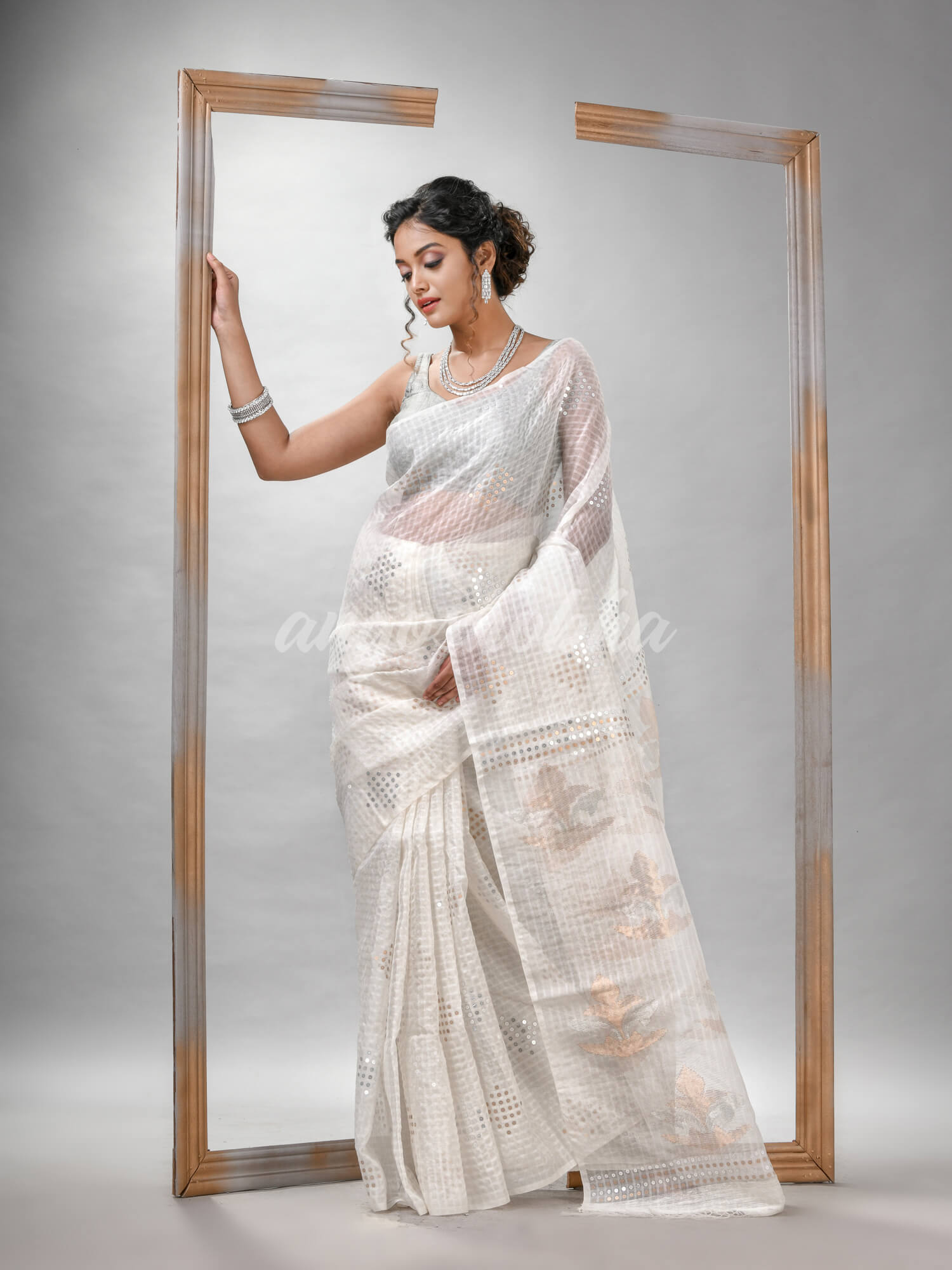 Traditional White Matka Silk Sequin Soft Jamdani Saree