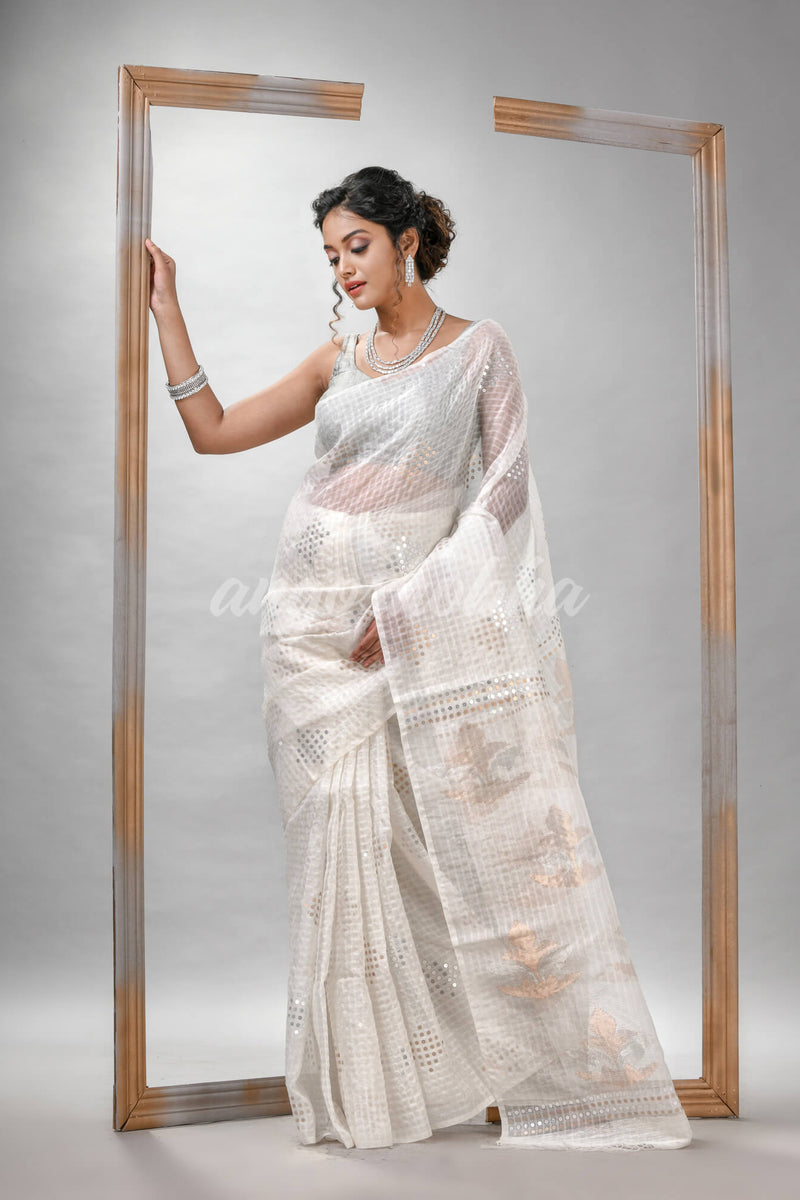 Traditional White Matka Silk Sequin Soft Jamdani Saree