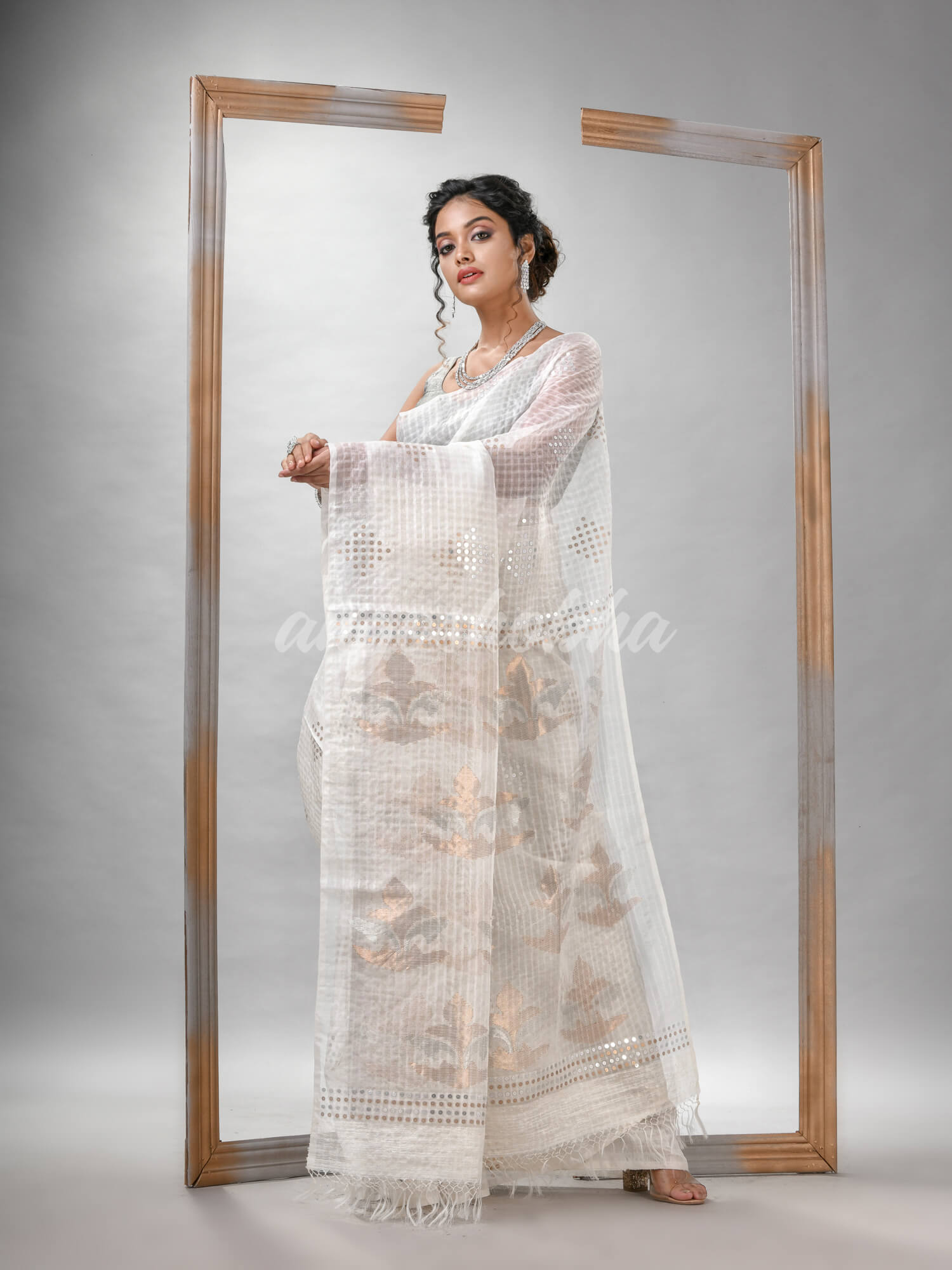 Traditional White Matka Silk Sequin Soft Jamdani Saree