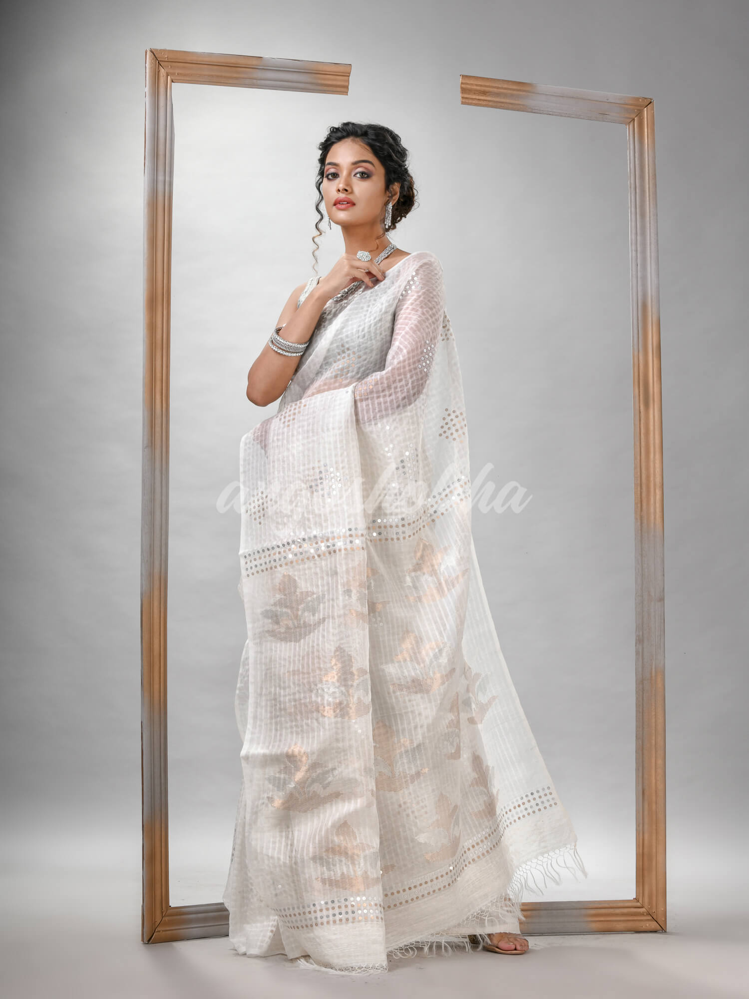 Traditional White Matka Silk Sequin Soft Jamdani Saree