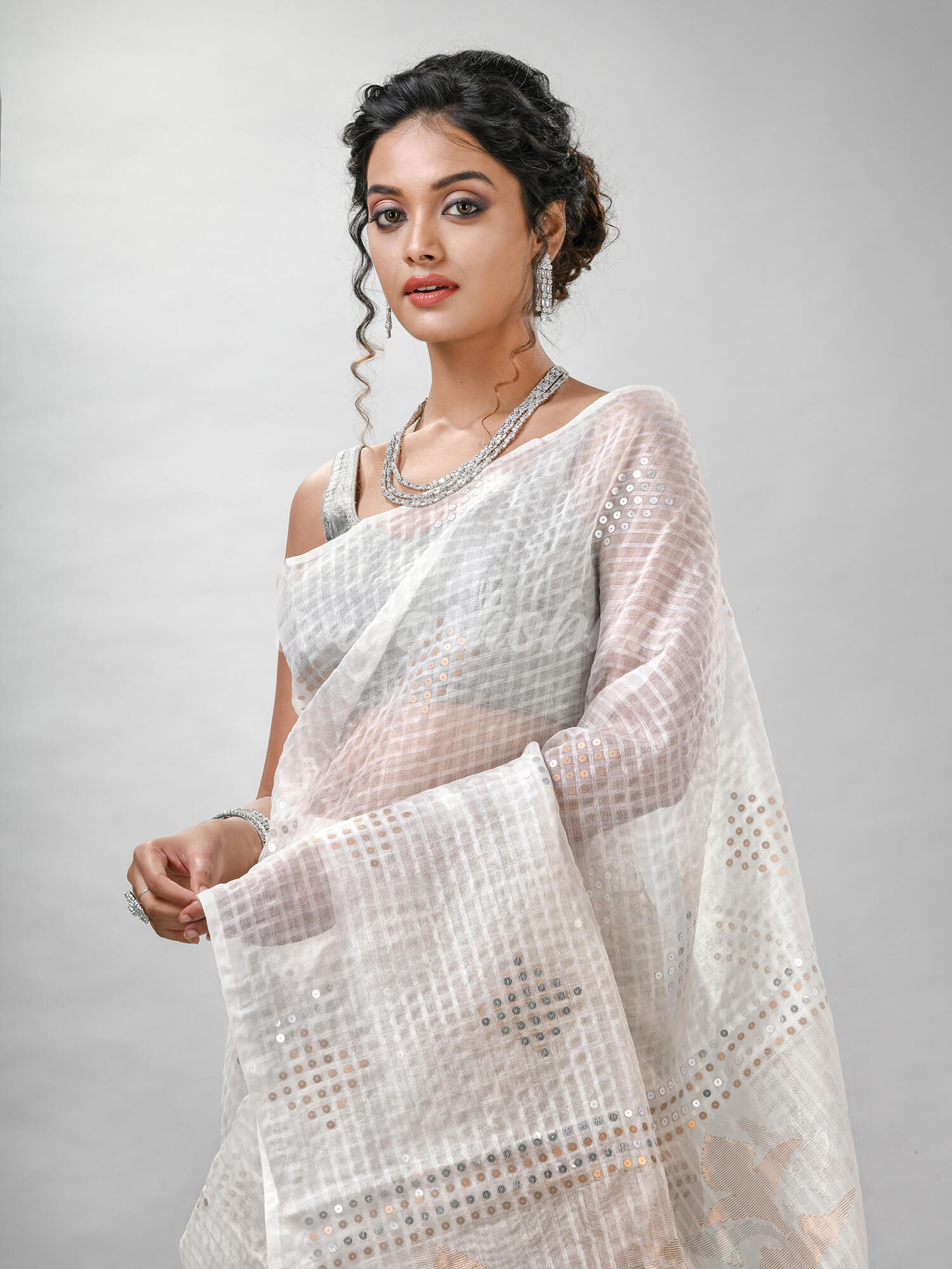 Traditional White Matka Silk Sequin Soft Jamdani Saree