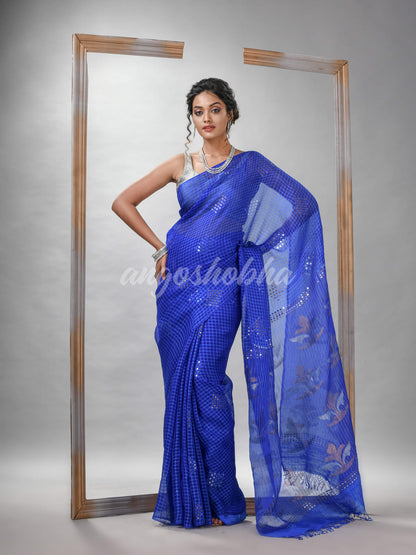 Traditional Blue Matka Silk Sequin Soft Jamdani Saree