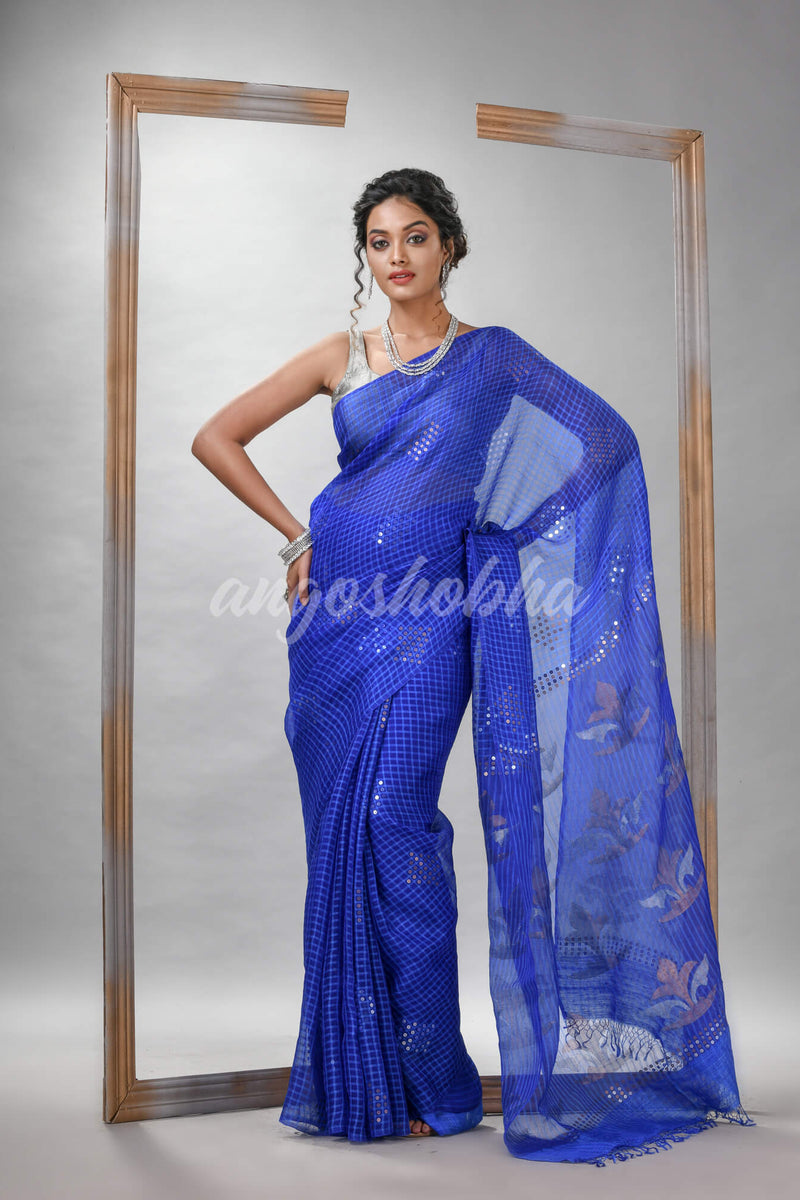 Traditional Blue Matka Silk Sequin Soft Jamdani Saree