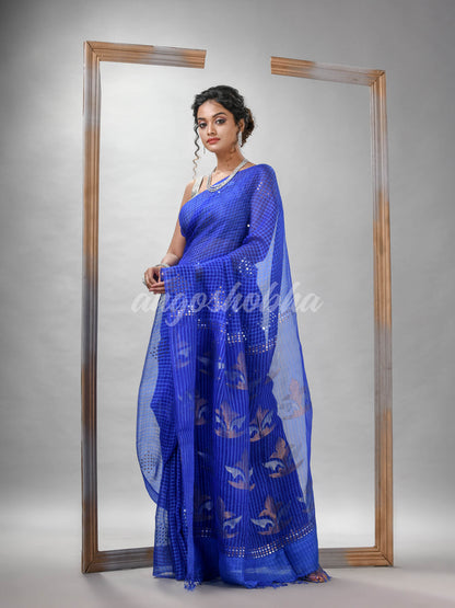 Traditional Blue Matka Silk Sequin Soft Jamdani Saree