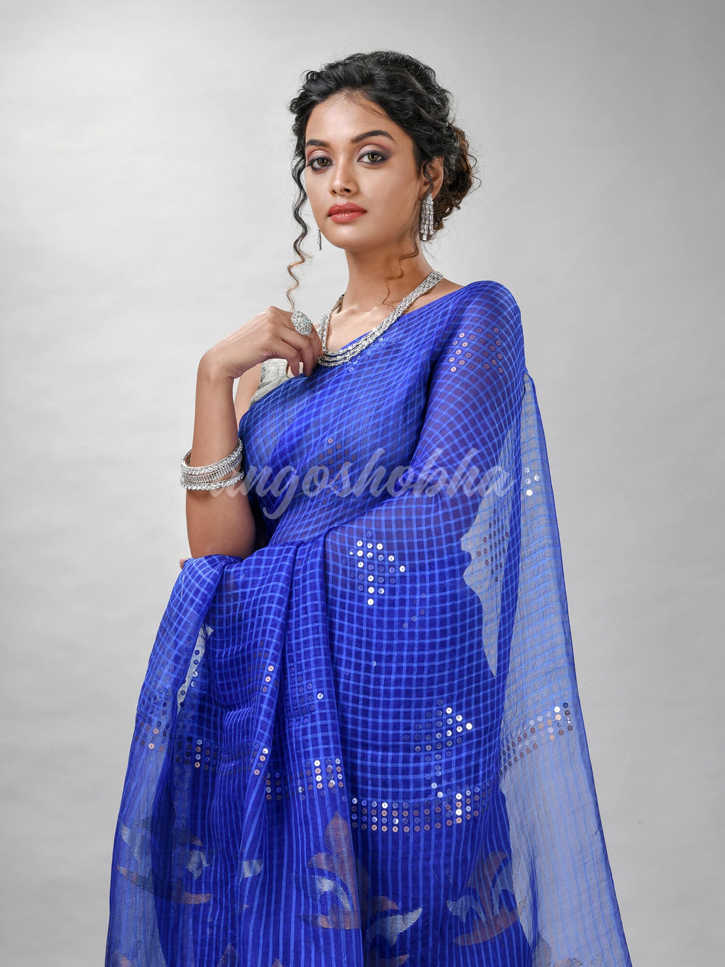 Traditional Blue Matka Silk Sequin Soft Jamdani Saree