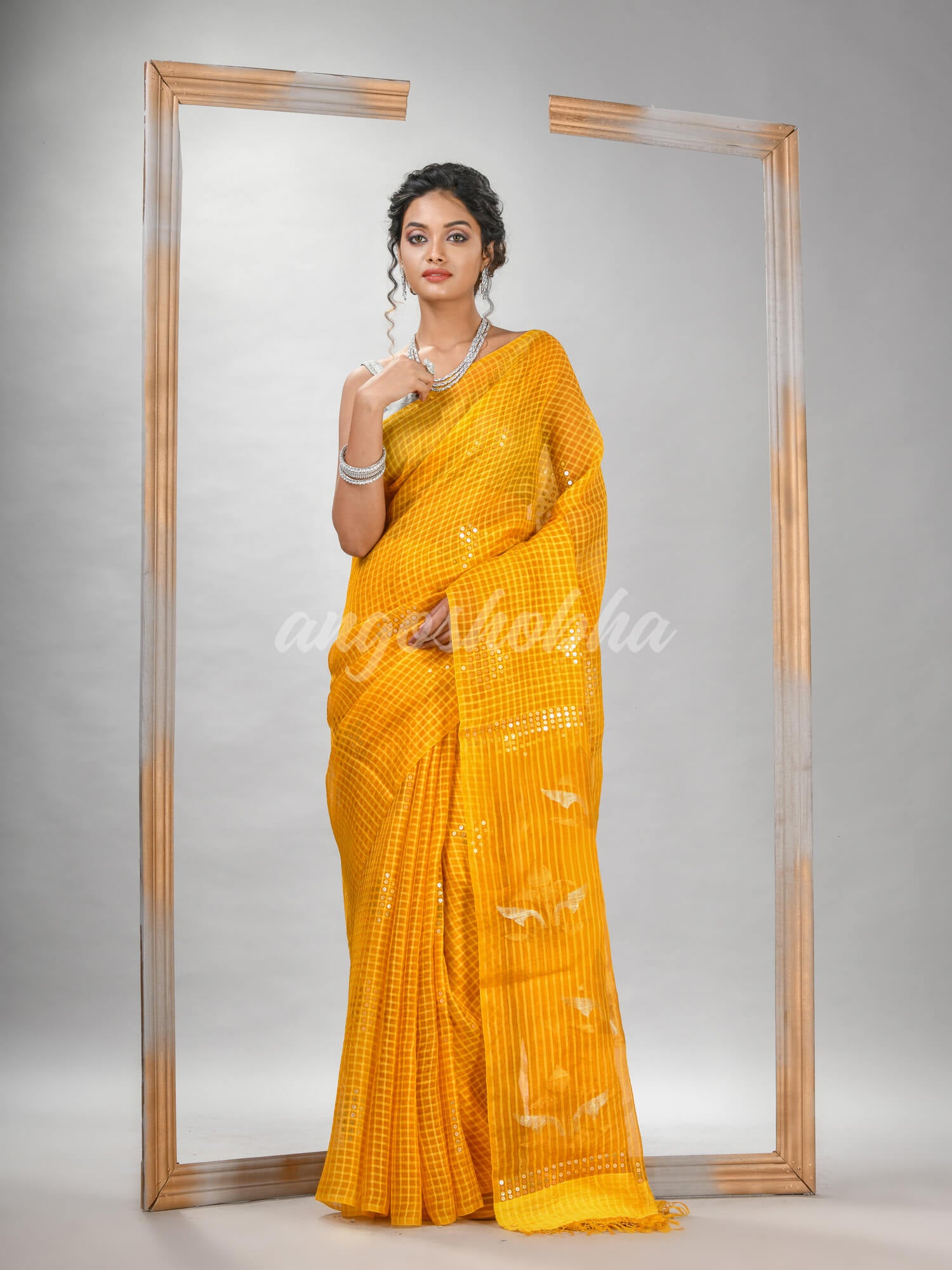 Traditional Yellow Matka Silk Sequin Soft Jamdani Saree