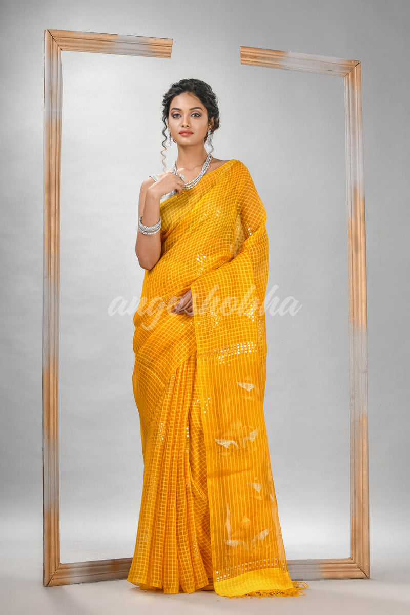 Traditional Yellow Matka Silk Sequin Soft Jamdani Saree