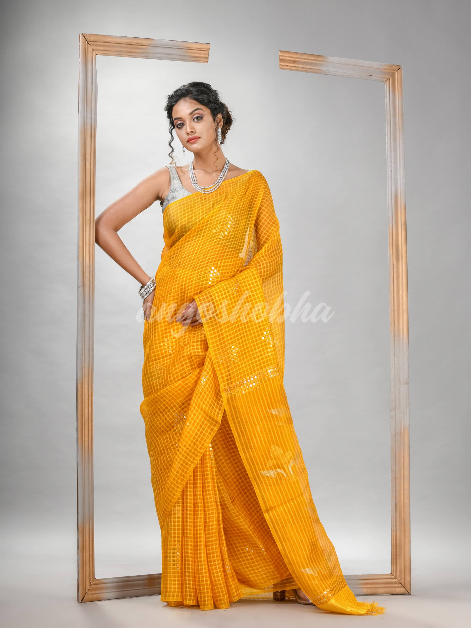 Traditional Yellow Matka Silk Sequin Soft Jamdani Saree