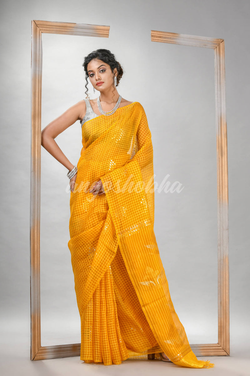 Traditional Yellow Matka Silk Sequin Soft Jamdani Saree