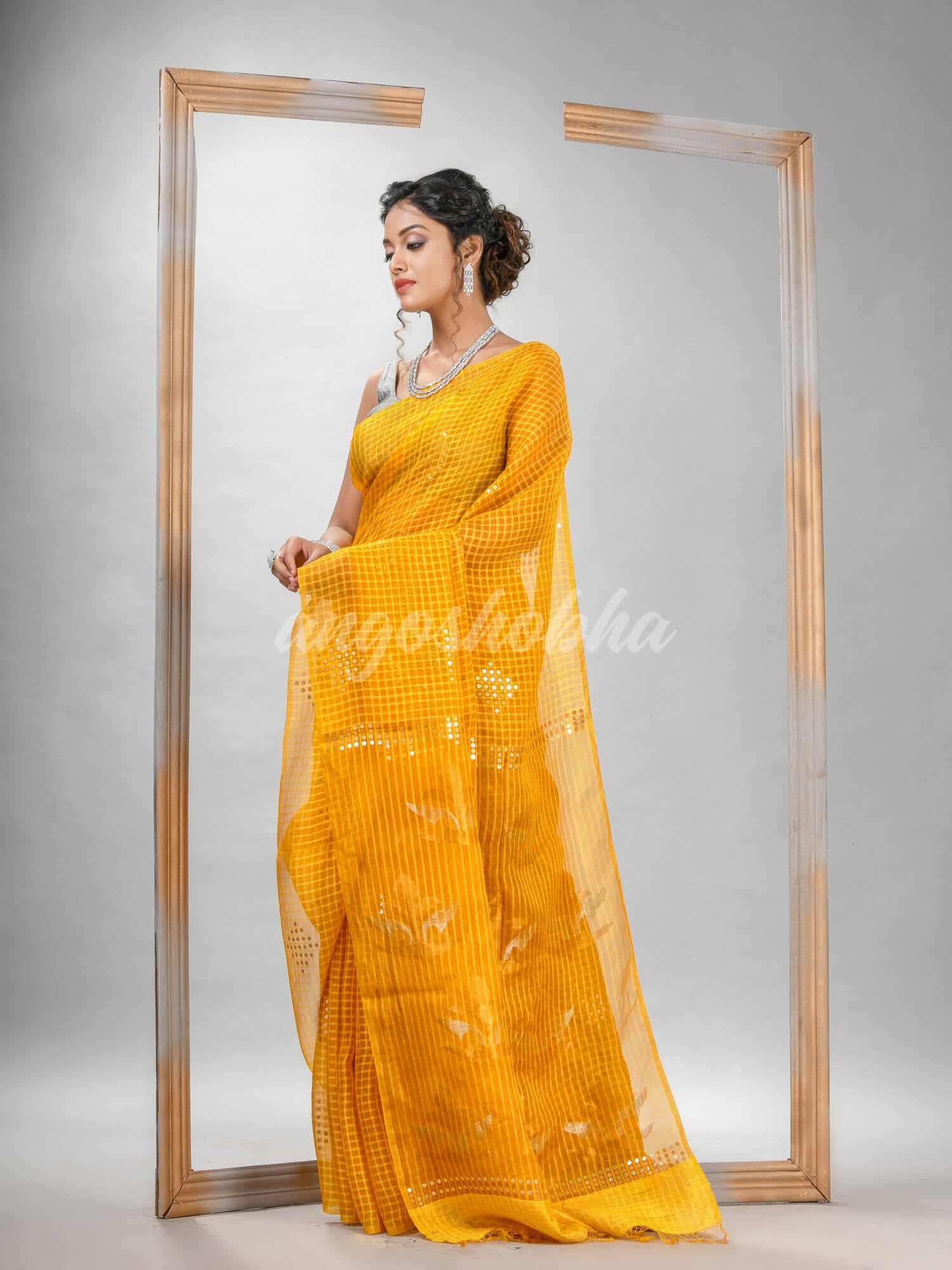 Traditional Yellow Matka Silk Sequin Soft Jamdani Saree