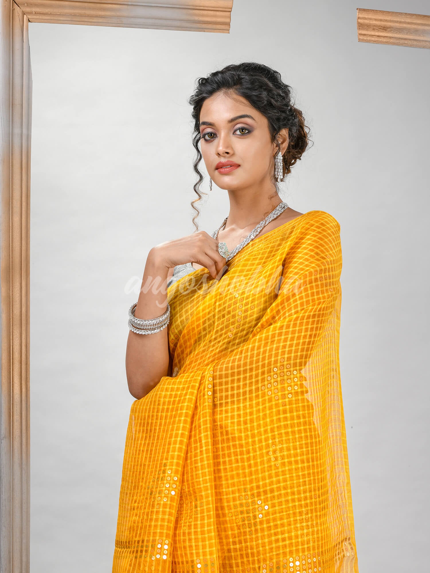 Traditional Yellow Matka Silk Sequin Soft Jamdani Saree