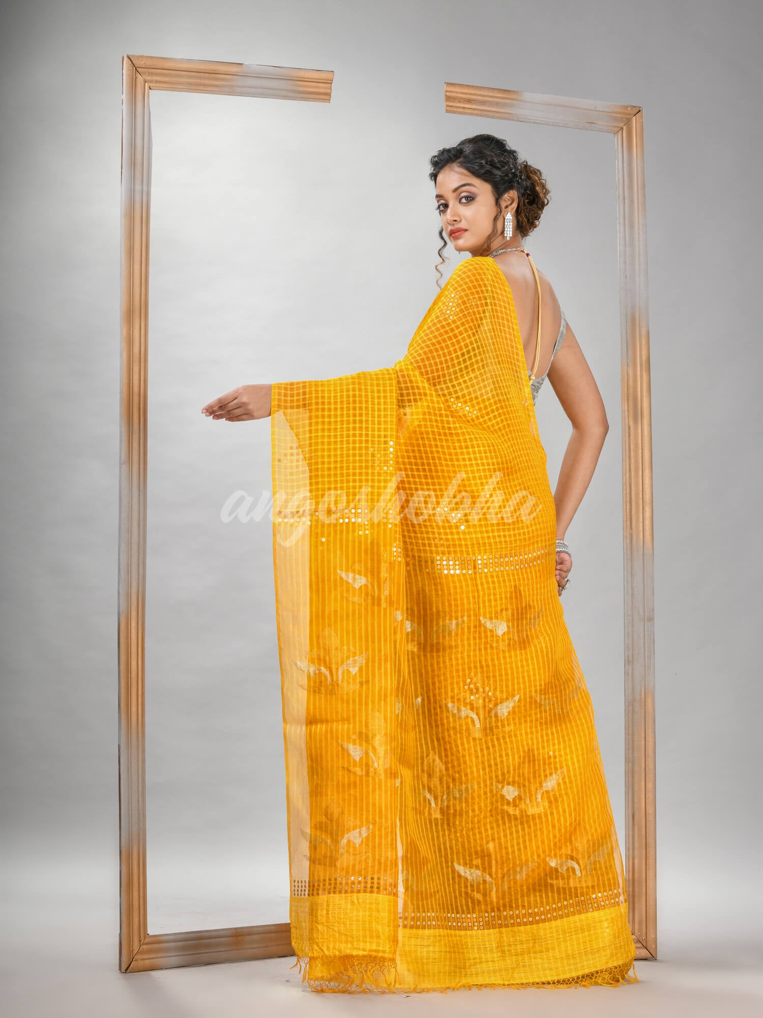 Traditional Yellow Matka Silk Sequin Soft Jamdani Saree