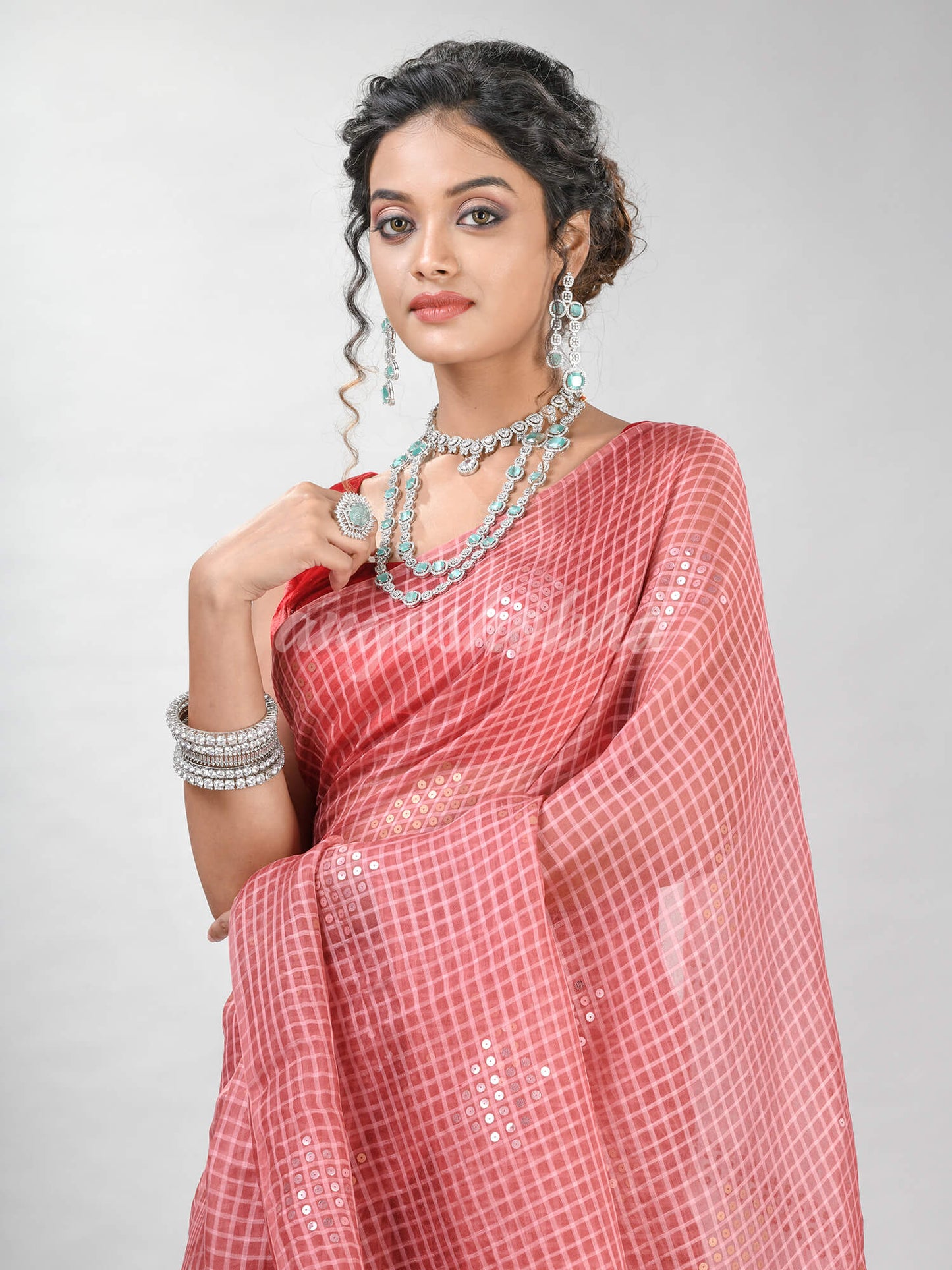 Traditional Pastel Peach Matka Silk Sequin Soft Jamdani Saree