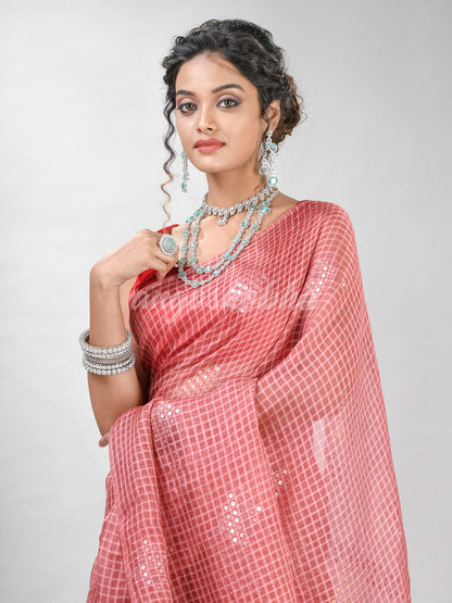 Traditional Pastel Peach Matka Silk Sequin Soft Jamdani Saree