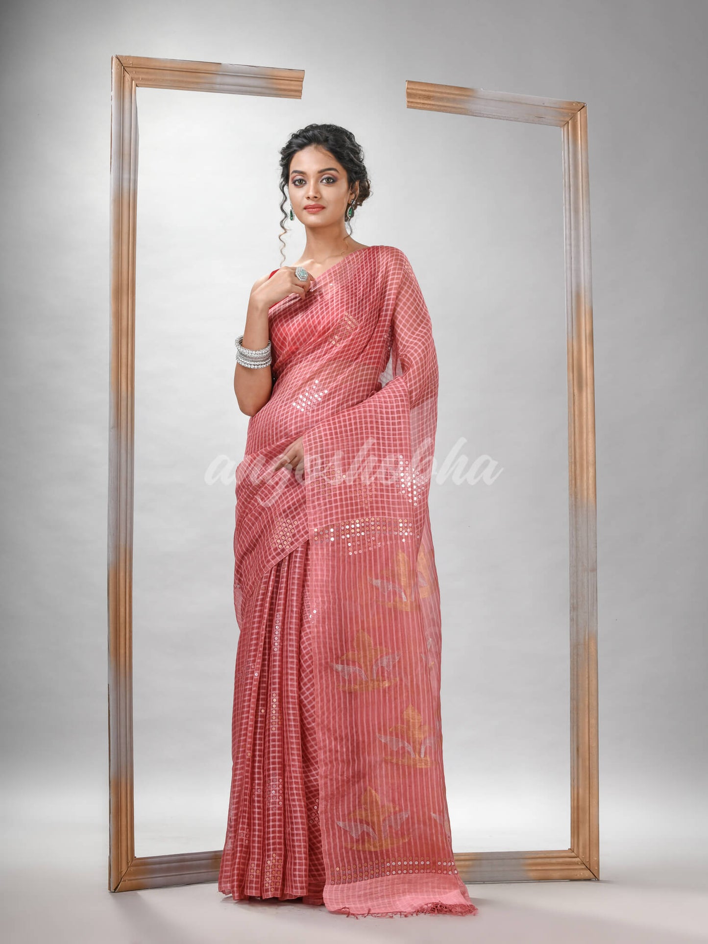 Traditional Pastel Peach Matka Silk Sequin Soft Jamdani Saree