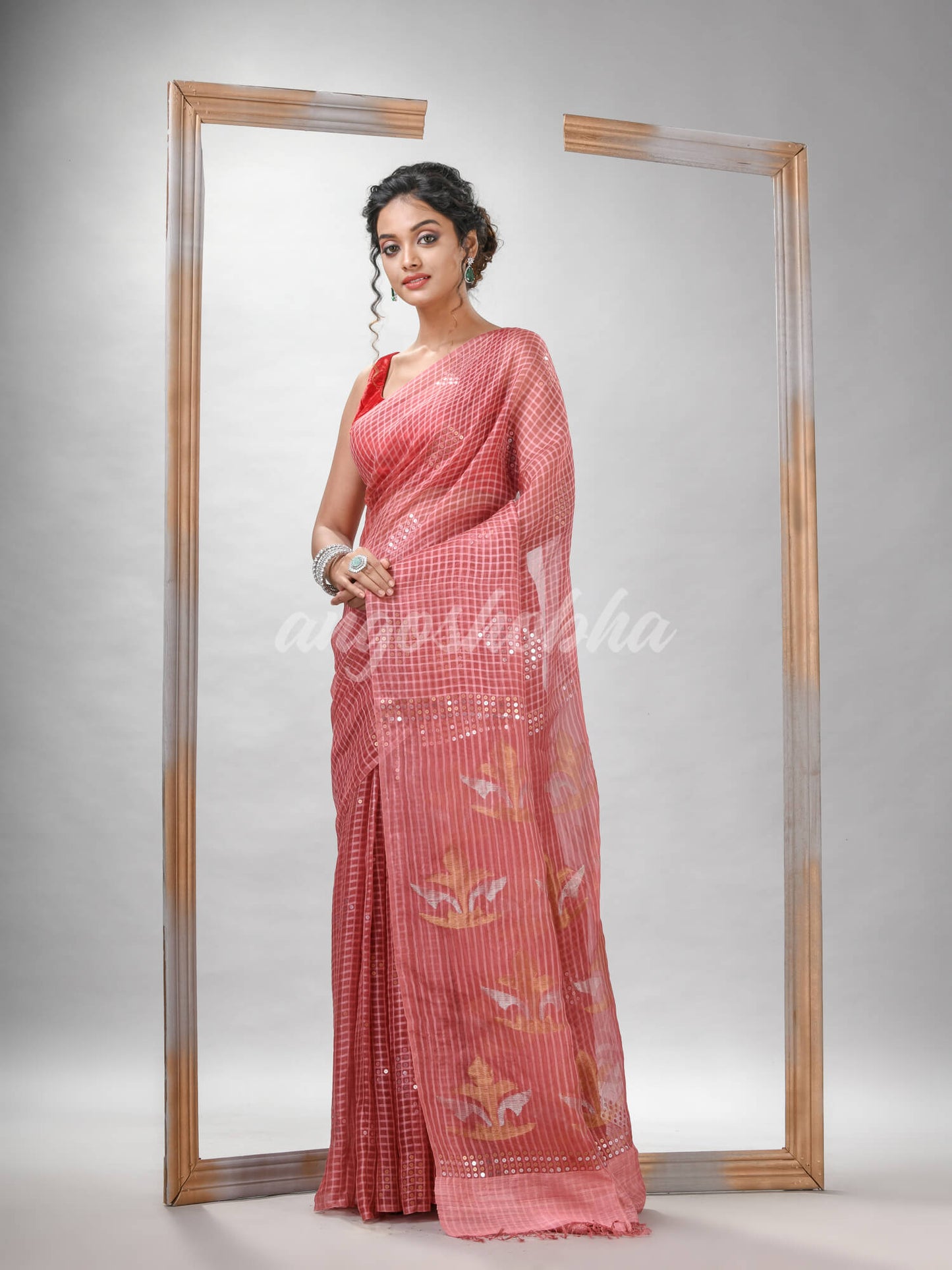 Traditional Pastel Peach Matka Silk Sequin Soft Jamdani Saree