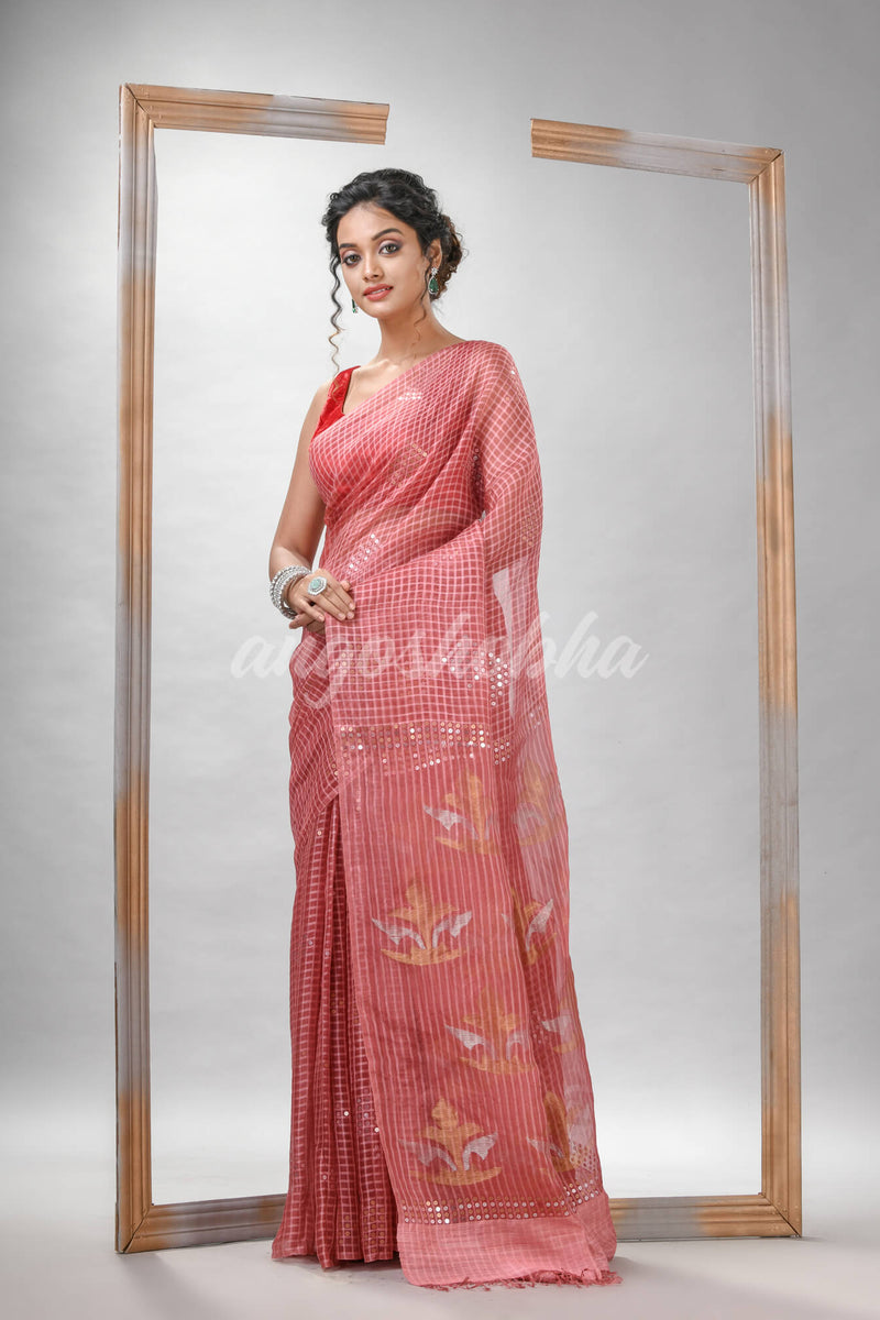 Traditional Pastel Peach Matka Silk Sequin Soft Jamdani Saree