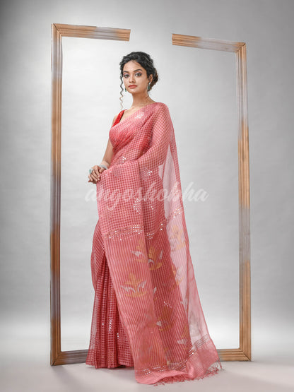 Traditional Pastel Peach Matka Silk Sequin Soft Jamdani Saree