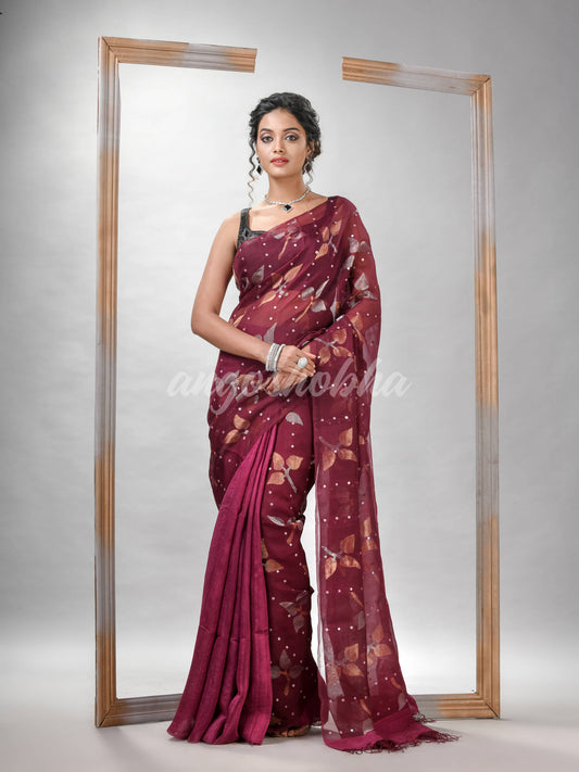 Traditional Maroon Matka Silk Sequin Soft Jamdani Saree