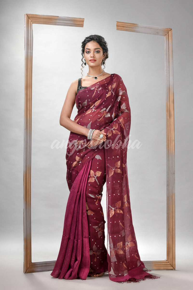 Traditional Maroon Matka Silk Sequin Soft Jamdani Saree