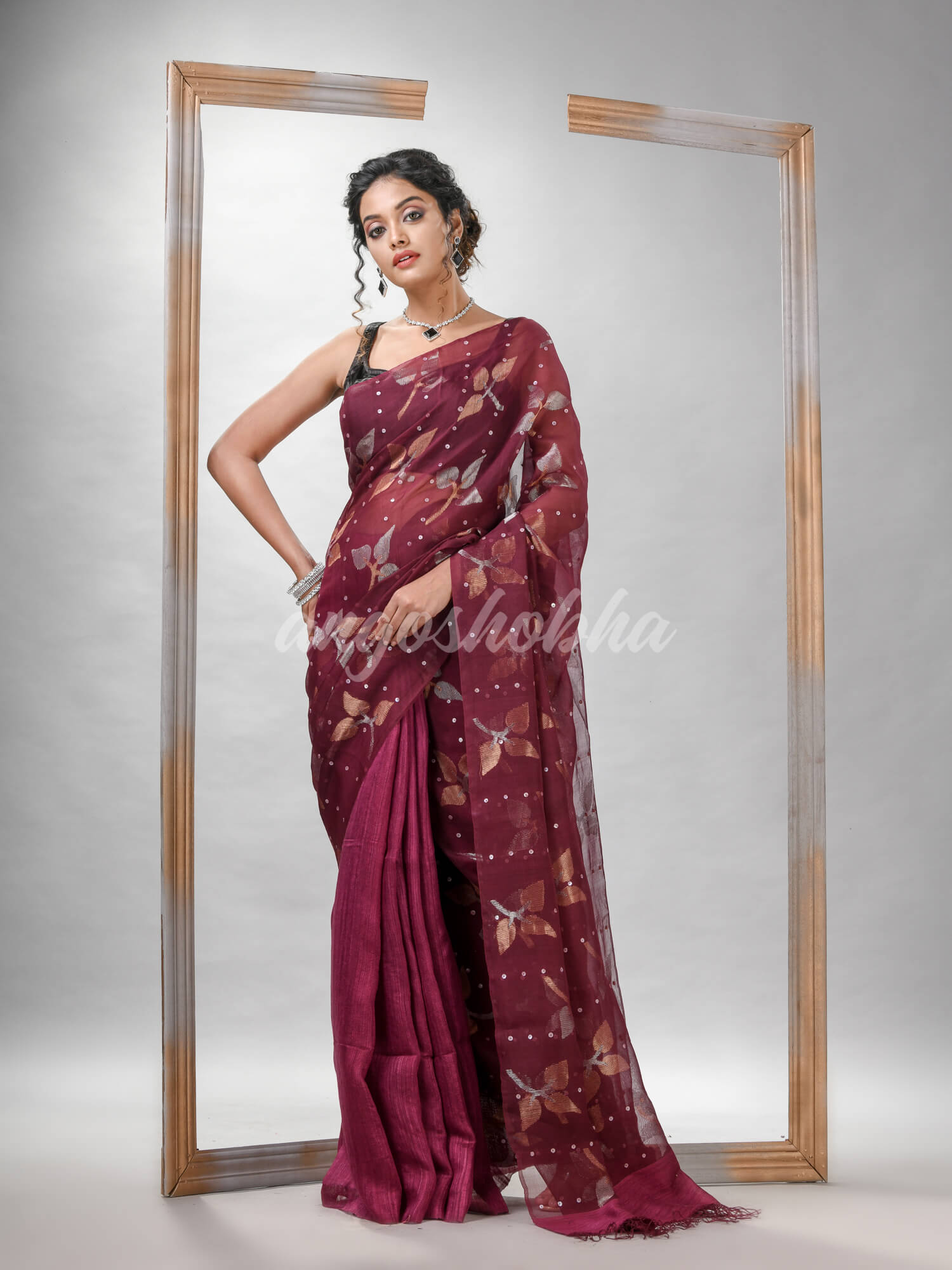 Traditional Maroon Matka Silk Sequin Soft Jamdani Saree