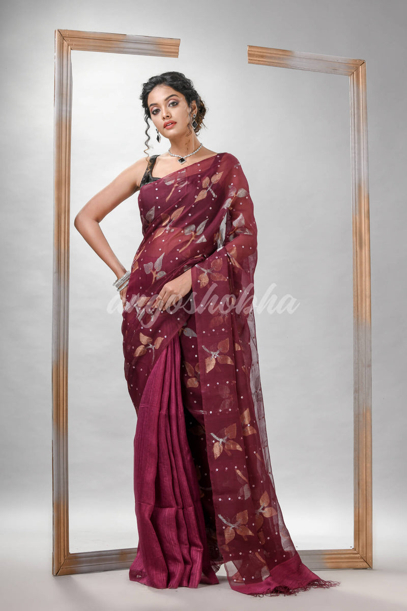 Traditional Maroon Matka Silk Sequin Soft Jamdani Saree